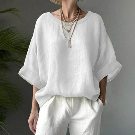 Women Plus Size Tops Sawvnm Women's Casual Oversized Loose Solid Color Falling Shoulder Pullover Short Sleeved Round Neck Top/shirt The Hottest Gift White 3XL