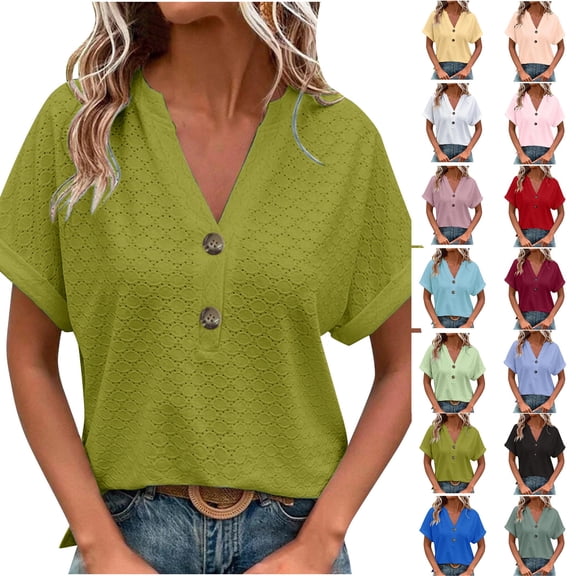 Women Plus Size Tops Sawvnm Women's Fashion Casual Solid Color Button V-neck T-shirt Top Short Sleeved V-neck Top/shirt Army Green 4XL