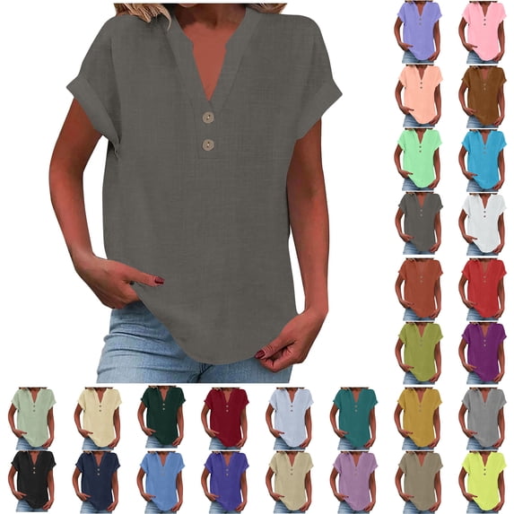 Women Plus Size Tops Sawvnm Women's Fashion Solid Button Shirt Female V-Neck Loose T-shirt Blouse Gray M