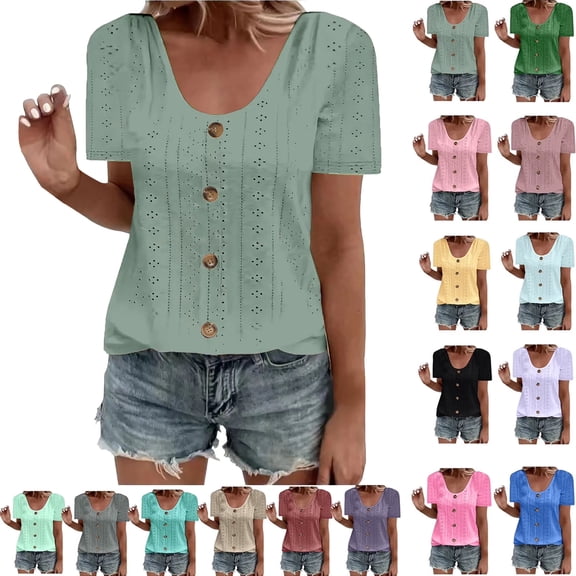 Women Plus Size Tops Ndbuld Womens Fashion Summer Short Sleeve Round-Neck Solid Casaul Tops T-shirt The Hottest Gift Green 3XL