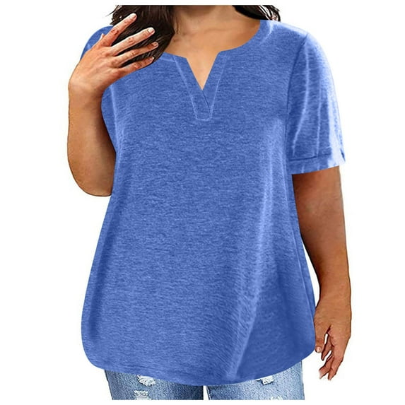 Women Plus Size Tops Short Sleeve Casual V Neck Shirts Summer Tunic Solid Color Loose Workout blouses