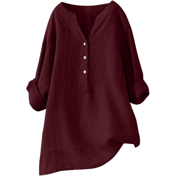 Women Plus Size Tops Summer V Neck Long Sleeve Tunic Shirts Cotton and Linen Casual Loose Blouses S-5XL