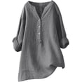 thumbnail image 1 of Women Plus Size Tops Summer V Neck Long Sleeve Tunic Shirts Cotton and Linen Casual Loose Blouses S-5XL, 1 of 3
