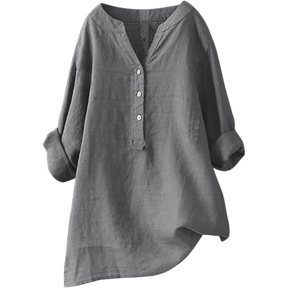 Women Plus Size Tops Summer V Neck Long Sleeve Tunic Shirts Cotton and Linen Casual Loose Blouses S-5XL
