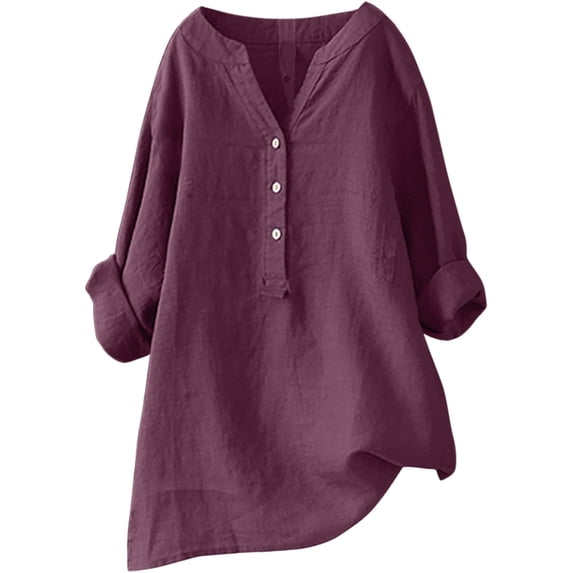 Women Plus Size Tops Summer V Neck Long Sleeve Tunic Shirts Cotton and Linen Casual Loose Blouses S-5XL