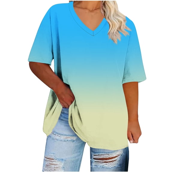 Women Plus Size Tops Trends Gradient Tee Shirts Oversized Loose Fit T-Shirts Basic V Neck Tees Short Sleeve T Shirts CaUSAl Retro Tunic Blouses Summer Holiday Beach Party 2025 Outfits