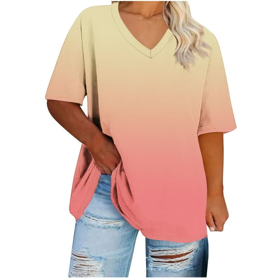 Women Plus Size Tops Trends Gradient Tee Shirts Oversized Loose Fit T-Shirts Basic V Neck Tees Short Sleeve T Shirts CaUSAl Retro Tunic Blouses Summer Holiday Beach Party 2025 Outfits