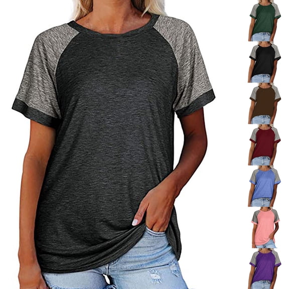 Women Plus Size Tops Tunic Raglan Short Sleeve Crewneck Fashion Trendy Casual Cute Comfortable Lightweight Soft T-Shirts Loose Summer Color Block Blouse