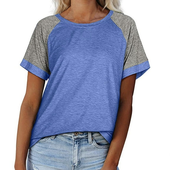 Women Plus Size Tops Tunic Raglan Short Sleeve Crewneck Fashion Trendy Casual Cute Comfortable Lightweight Soft T-Shirts Loose Summer Color Block Blouse