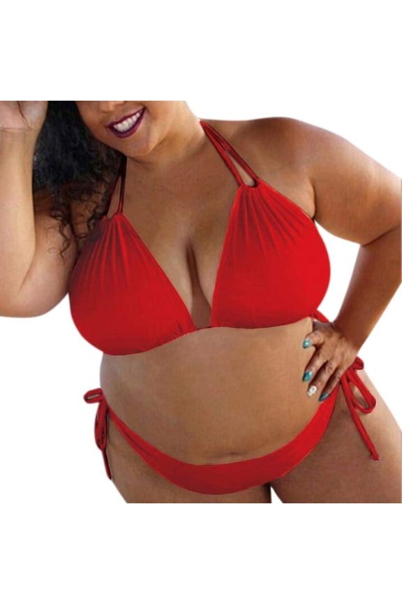 Women Plus Size Triangle Bikini Sets Double Straps Halter Two Piece Swimsuit Side Tie String Summer Beach Bathing Suits