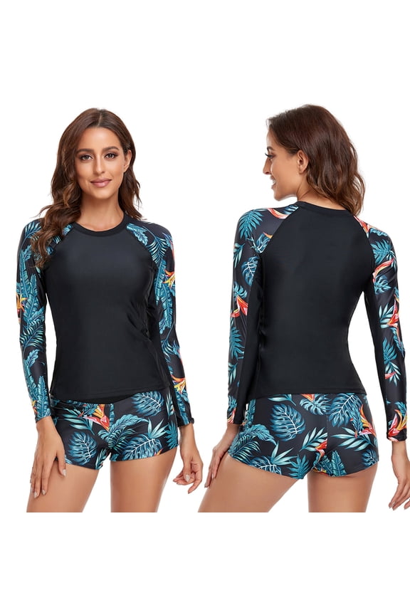Women Plus Size Two Piece Rash Guard Long Sleeve Swimsuits Sun Protection Swim Shirt with Boyshort Bottom - S US(4-6)