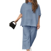 Women Plus Size Two Piece Set Batwing Sleeve Shawl Pullover and Casual Pants Two Piece Home Outfit