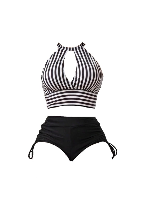 Women Plus Size Two Piece Swimsuit Sets Twist Front Bikini Bathing Suit with Drawstring Ruched Bottom Black L