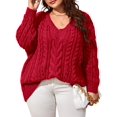 thumbnail image 1 of Women Plus Size V‑Neck Cable Knit Sweater, Oversized Long Sleeve Pullover Top, 1 of 4