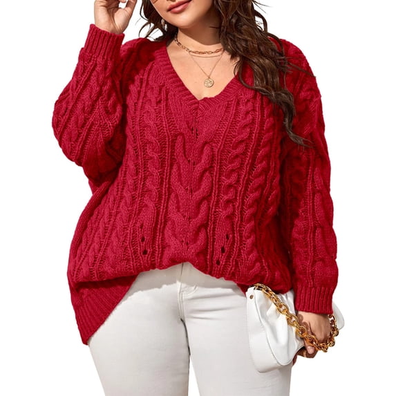 Women Plus Size V‑Neck Cable Knit Sweater, Oversized Long Sleeve Pullover Top