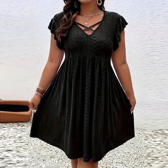 Women Plus Size V Neck Crisscross Detail Ruffle Sleeve Flared Midi Dress Summer Casual Solid