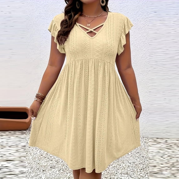 Women Plus Size V Neck Crisscross Detail Ruffle Sleeve Flared Midi Dress Summer Casual Solid