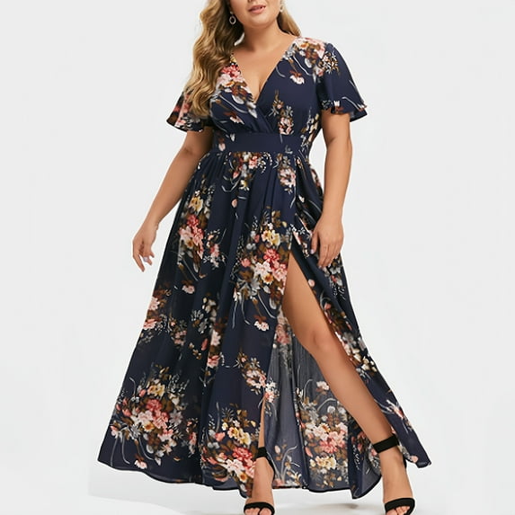 Women Plus Size V Neck Floral Print Short Sleeve Boho Dress