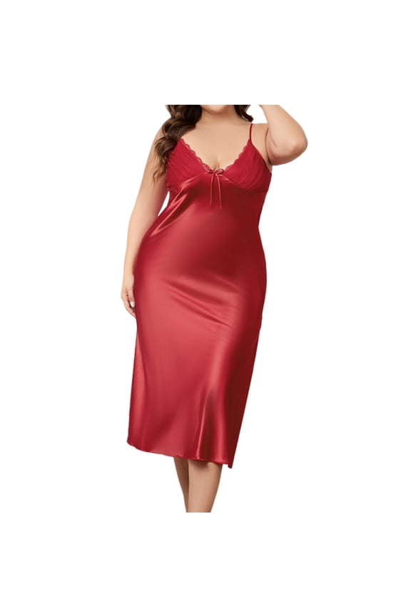 Women Plus Size V Neck Lace Patchwork Nightgown Satin Chemise Negligee Sleepwear with Adjustable Straps