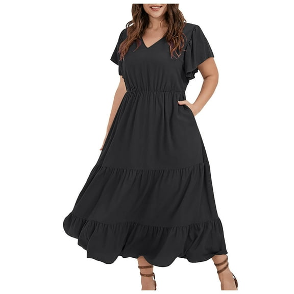 Women Plus Size V Neck Soild Color Elegant Ruffled Sleeves Casual Pleated Skirt Casual Dress