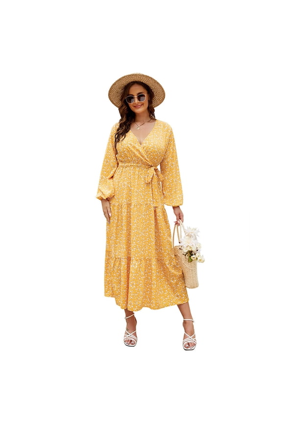 Women Plus Size V Neck Wrap Maxi Dress High Waist Ruffle Summer Casual Dress with Belt Long Sleeve
