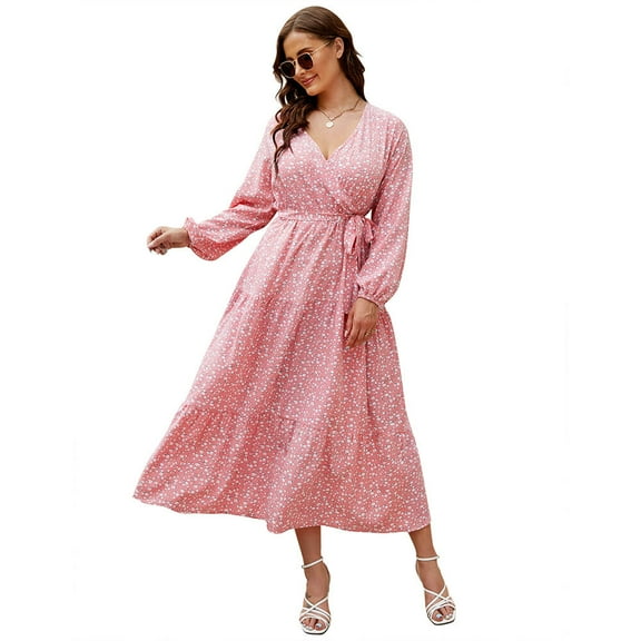 Women Plus Size V Neck Wrap Maxi Dress High Waist Ruffle Summer Casual Dress with Belt Long Sleeve
