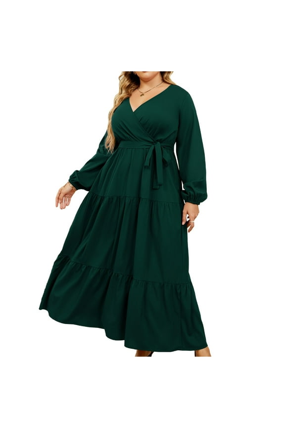 Women Plus Size V Neck Wrap Maxi Dress High Waist Ruffle Summer Casual Dress with Belt Long Sleeve