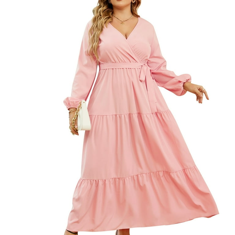 Women Plus Size V Neck Wrap Maxi Dress High Waist Ruffle Summer - Main Image