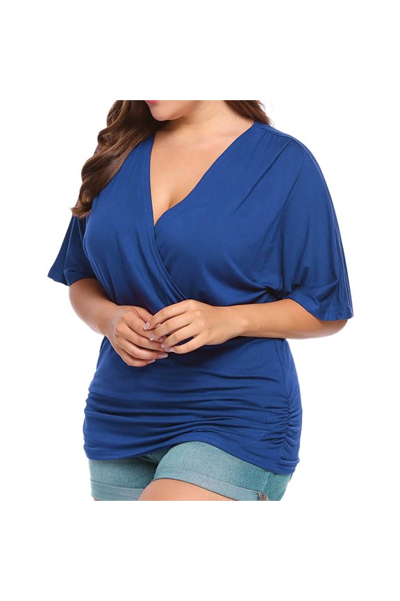 Women Plus Size V-neck Short Sleeve Blouse, Pleated Hem Shirt, Casual and Comfortable Tops for Everyday Wear, Versatile for Work or Weekend Outfits, Available in Multiple Colors