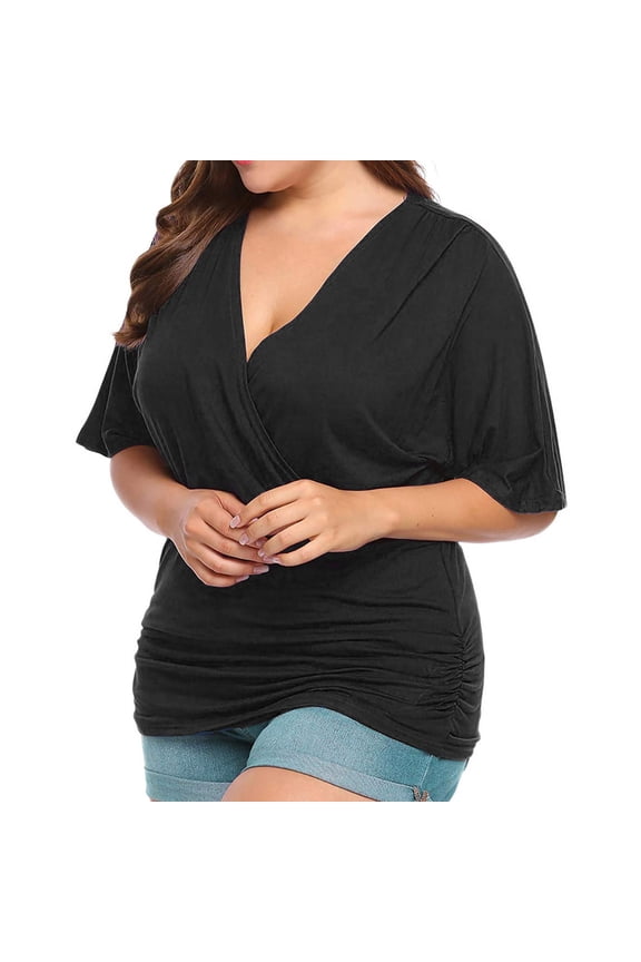 Women Plus Size V-neck Short Sleeve Blouse, Pleated Hem Shirt, Casual and Comfortable Tops for Everyday Wear, Versatile for Work or Weekend Outfits, Available in Multiple Colors