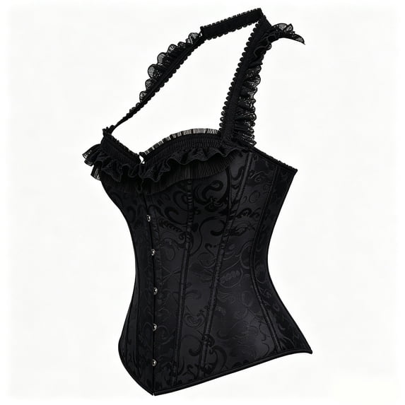 Women Plus Size Vintage Jacquard Overbust Corset Top, Ruffle Lace Trim Spaghetti Strap Front Button Waist Defining Bustier with Back Lace Up Closure