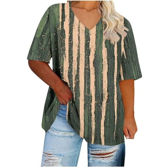 Women Plus Size Vintage Shirts Striped Short Sleeve Pullover Tops Casual Crewneck Tee Summer Outfit
