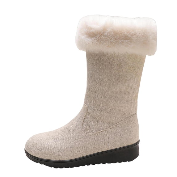 Women Plus Size Warm Fleece Lined Mid Calf Winter Boots Fluffy Plush Collar Round Toe Comfort Side Zipper Low Block Heel Booties Cold Weather Footwear for Ladies Beige 6(37)