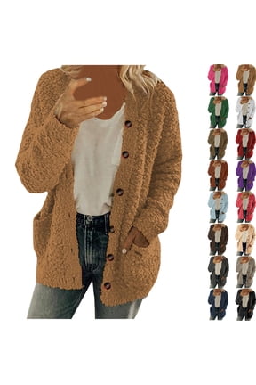 Women Plus Size Warm Wool Cardigan Autumn and Winter Casual Plush Sweater Pockets Outerwear Buttons Cardigan Coat