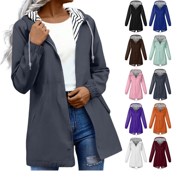 Women Plus Size Waterproof Hooded Rain Jackets Windbreaker with Pockets Raincoat for Outdoor Travel Hiking, Spring Fall Fashion Clothing