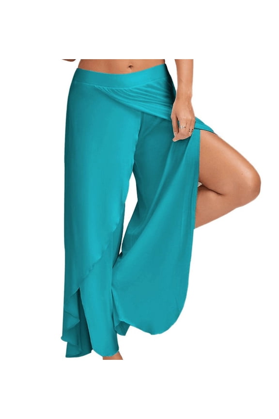 Women Plus Size Wide Leg Pants Loose Fitness Dance Yoga Split Trousers Female Elastic Wasit Casual Workout Solid Summer Clothing