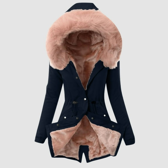 Women Plus Size Winter Coat Lapel Collar Long Sleeve Jacket Vintage Thicken Coat Jacket Warm Hooded Thick Padded Outerwear Big Collar Jackets