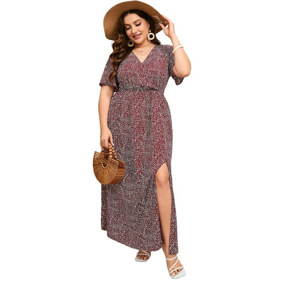 Women Plus Size Wrap Maxi Dress Short Flutter Sleeves Empire Waist Split A Line Boho Casual Dress