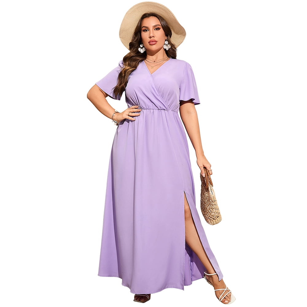 Yesfashion Women Plus Size Wrap Maxi Dress Short Flutter Sleeves Empire Waist Split A Line Boho Casual Dress, Women's, Size: 1XL