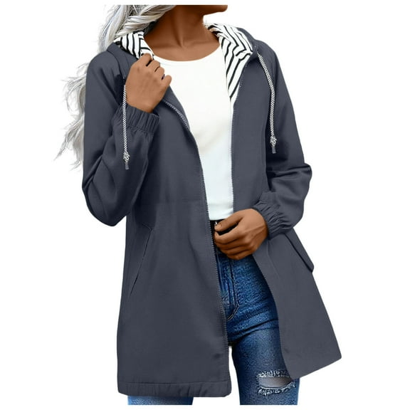 Women Plus Size Zip Up Waterproof Rain Jacket with Hood Long Sleeve Solid Color Rain Jacket Outdoor Hooded Windproof Loose With Pocket Coat Fall Outfits Outwear Coat Gray,XL