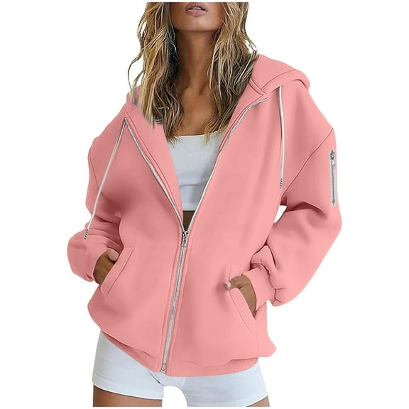 Women Plus Size Zip up Drawstring Loose Long Sleeve Casual Blouses Zipper Pocket Hooded Weatshirt Top
