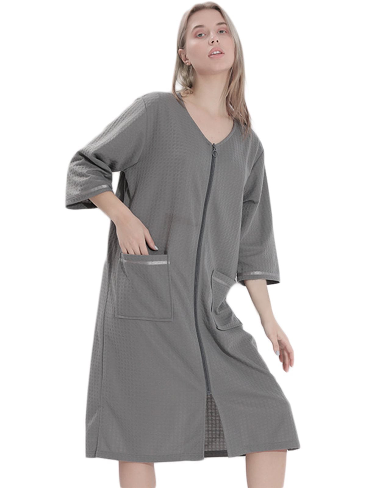 Women Plus Size Zipper Front Robe Nightgowns, Loose Spa Bathrobe Vneck