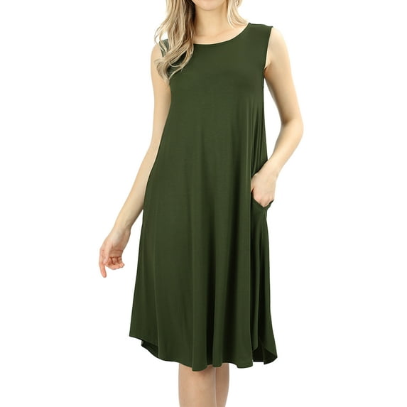 Women & Plus Sleeveless Round Neck Knee Length Tunic Swing Dress (ARMY GREEN, S)