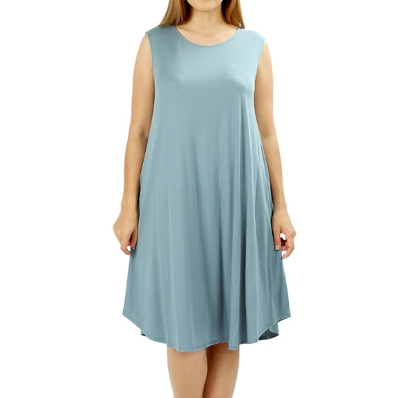 Women & Plus Sleeveless Round Neck Knee Length Tunic Swing Dress (BLUE GREY, 2XL)