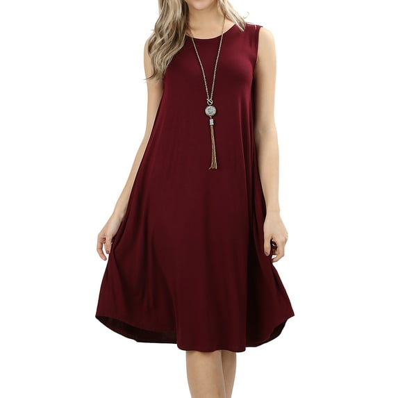 Women & Plus Sleeveless Round Neck Knee Length Tunic Swing Dress (DK BURGUNDY, S)