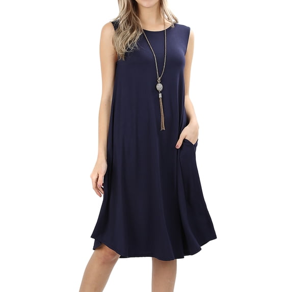 Women & Plus Sleeveless Round Neck Knee Length Tunic Swing Dress (NAVY, L)