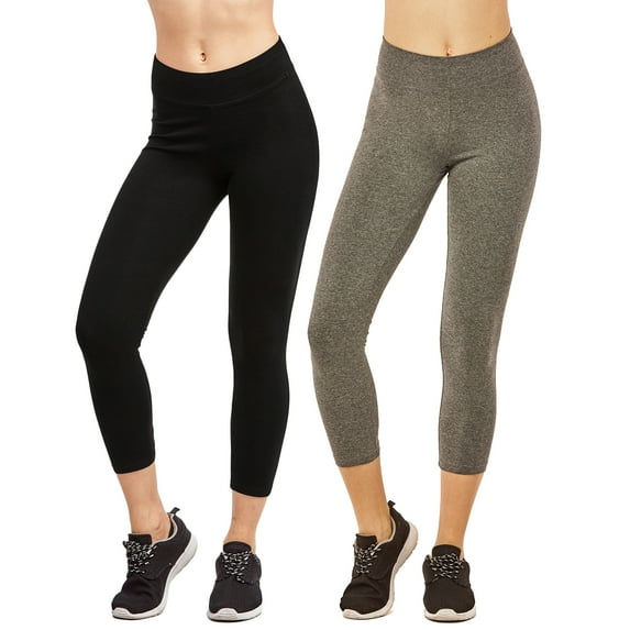 Women & Plus Soft Cotton Active Stretch Capri Length Lightweight Leggings (2PK-Black/Charcoal Grey, L)