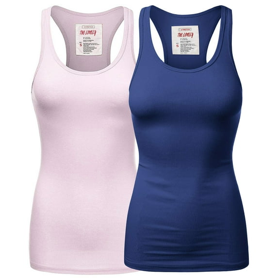 Women & Plus Solid Ribbed Knit Stretch Workout Racerback Tank Top (2PK: DUSTY LAVENDER/BRIGHT BLUE, Large)