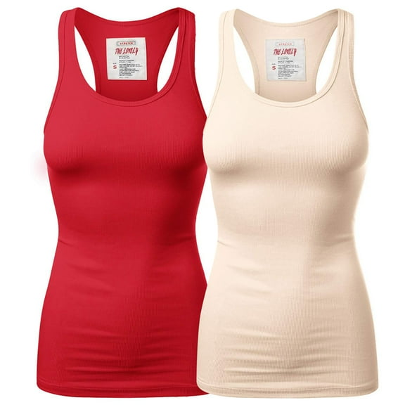 Women & Plus Solid Ribbed Knit Stretch Workout Racerback Tank Top (2PK: RUBY/SAND, Medium)