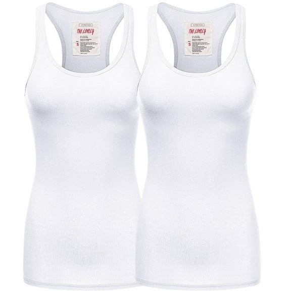 Women & Plus Solid Ribbed Knit Stretch Workout Racerback Tank Top (2PK: WHITE/WHITE, Small)